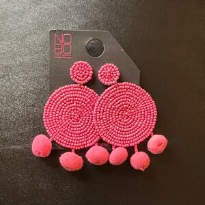 NOBO Vibrant Pink Beaded Earrings with Pom Poms, NEW